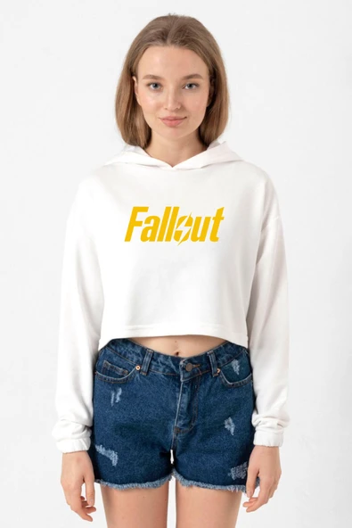 Fallout Lettern Ekru Kadın Crop Kapşonlu