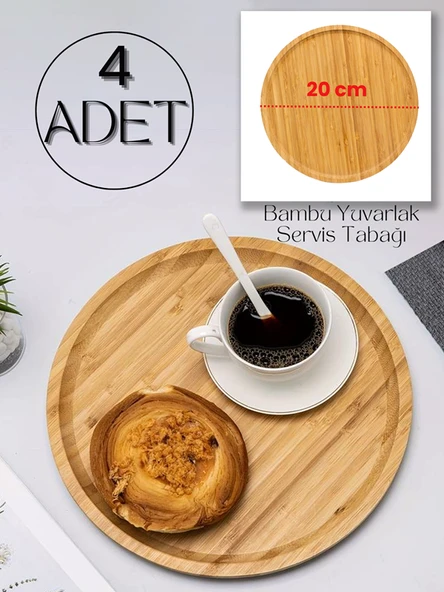 4 Adet Bambu Yuvarlak Servis Tabağı, Sunum Seti (20x20 cm)