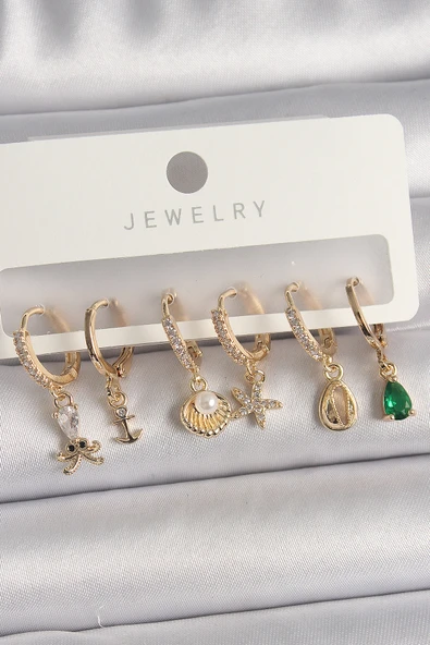 Pirinç Gold Renk Zirkon Taşlı İnci Detay Çoklu Figür Kadın Küpe Seti - EBJ250201W30982 ürün görseli