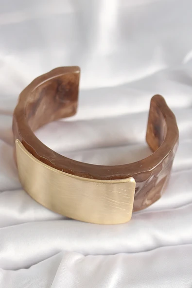 Kahverengi Mermer Desen Akrilik Platik Gold Dikdörtgen Plaka Model Vintage Kadın Bilezik - EBJ250201W30899 - Resim 2