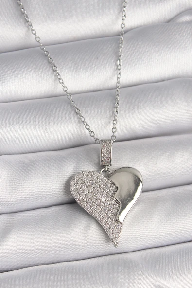 Gümüş Renk Zincir Zirkon Taşlı Kırık Kalp Model Kadın Kolye - EBJ250201W30844 ürün görseli