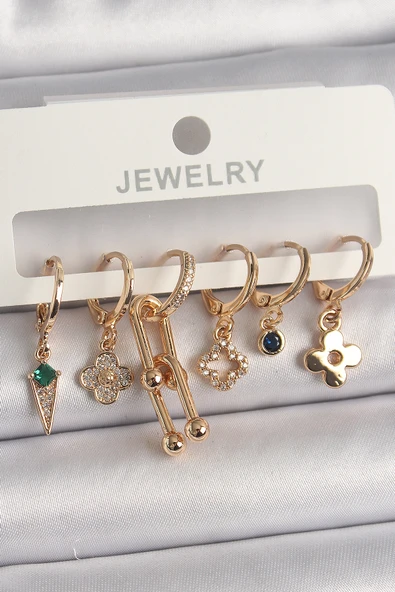 Pirinç Gold Renk Çoklu Figür Kadın Küpe Seti - EBJ250201W30968 ürün görseli