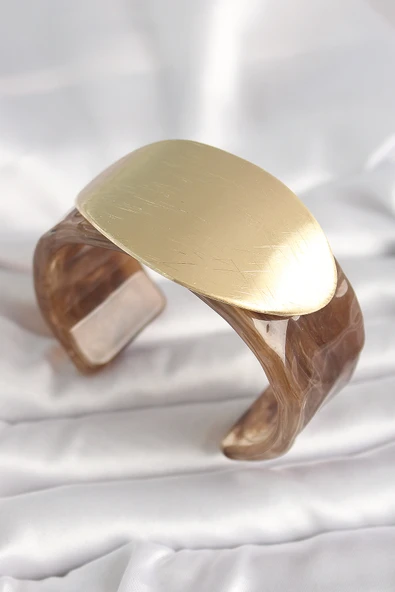 Kahverengi Mermer Desen Akrilik Plastik Gold Oval Plaka Model Vintage Kadın Bilezik - EBJ250201W30897
