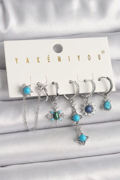 Pirinç Gümüş Renk Zirkon Taş Detaylı Mavi Boncuklu Çiçek Model VIP Seri Kadın Küpe Kombini - EBJ250201W30929 ürün görseli