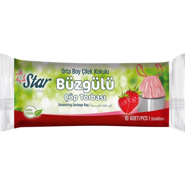 Star Plus Büzgülü Çöp Torbası Orta Boy 55X60 cm. Çilek Kokulu (1 Rulo 10 Adet)