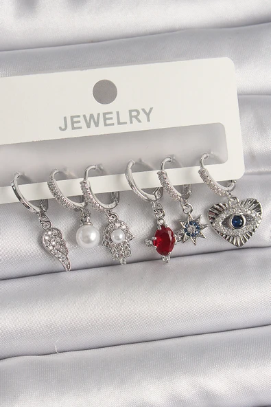 Pirinç Gümüş Renk Sallantı Zirkon Taşlı Fatma Ana El Figür Kadın Küpe Seti - EBJ250201W30990 ürün görseli