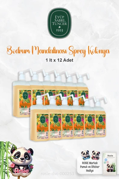 12 Adet Eyüp Sabri Tuncer Bodrum Mandalinası Sprey Başlıklı Kolonya 1 lt ve ROSIE