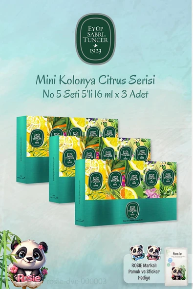 3'lü Eyüp Sabri Tuncer Mini Kolonya Citrus Serisi No 5 Seti 5'li 16 ml ve ROSIE Pamuk ürün görseli