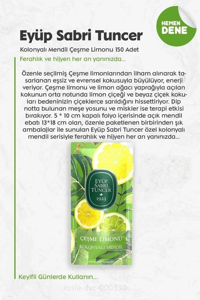 Eyüp Sabri Tuncer Kolonyalı Mendil Çeşme Limonu 3 Paket 150'li ve ROSIE Pamuk - Resim 3