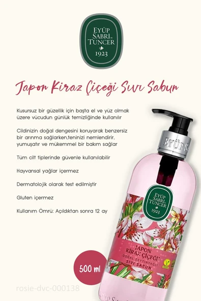 3'lü Eyüp Sabri Tuncer Japon Kiraz Çiçeği Sıvı Sabun 500 ml ve %100 Doğal ROSIE - Resim 2