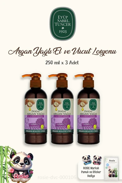 3 Adet Eyüp Sabri Tuncer Vücut Losyonu Argan 250 ml ve 60'lı %100 Pamuk ROSIE