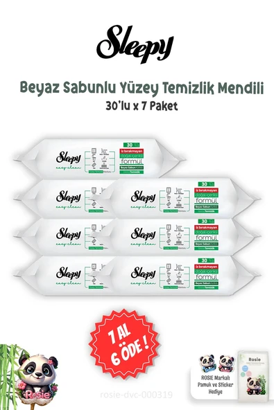 7 AL 6 ÖDE Sleepy Easy Clean Beyaz Sabunlu Yüzey Temizlik Havlusu 30'lu ve ROSIE