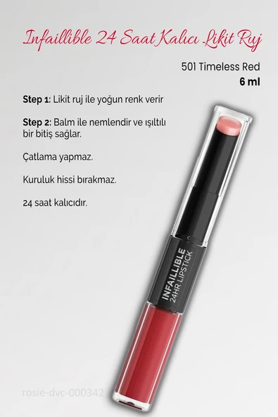3 Adet Loreal Paris Infaillible 24H Kalıcı Likit Ruj 501 Timeless Red ve ROSIE - Resim 2