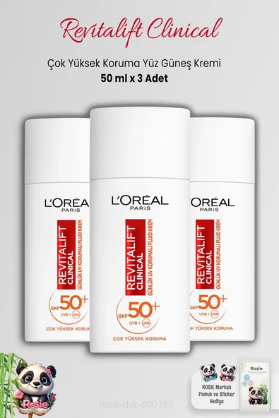 3 Adet Loreal Paris Revitalift Clinical SPF 50+ Yüz Güneş Kremi 50 ml ve ROSIE