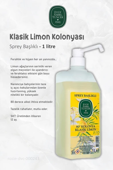 3'lü Eyüp Sabri Tuncer Klasik Limon Kolonyası Sprey Başlıklı 1 lt ve ROSIE Pamuk 60'lı - Resim 2