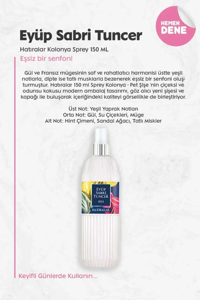 Eyüp Sabri Tuncer Hatıralar Kolonya Sprey 150 ml 3 Adet ve %100 Pamuk ROSIE - Resim 2