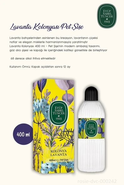 Eyüp Sabri Tuncer Lavanta Kolonyası 3Adet Silindir Pet Şişe 400 ml ve ROSIE Pamuk - Resim 2