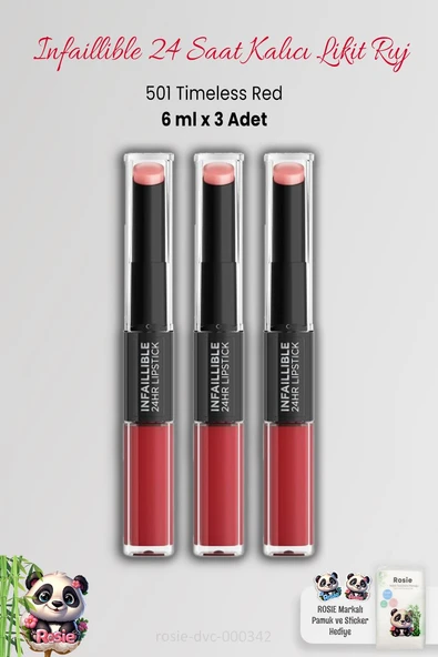 3 Adet Loreal Paris Infaillible 24H Kalıcı Likit Ruj 501 Timeless Red ve ROSIE