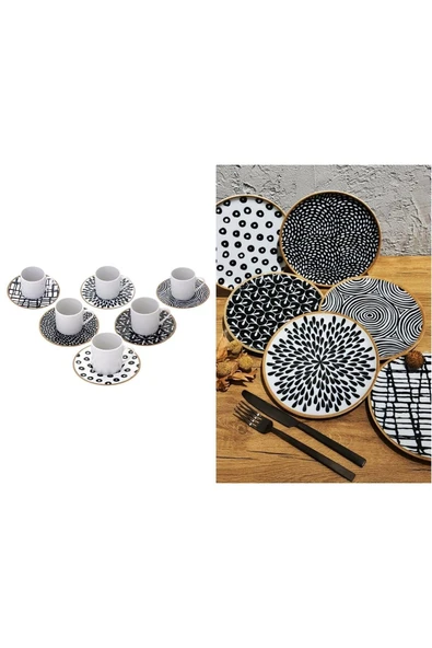 Porland Fractal Yuvarlak Pasta ve Kahve Fincan Takımı 6 Kişilik 18 Parça