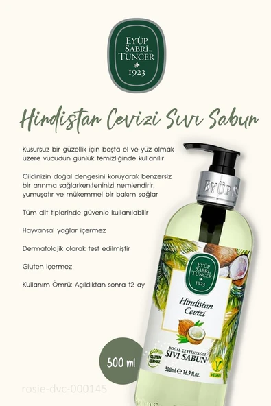 Eyüp Sabri Tuncer Hindistan Cevizi Doğal Zeytinyağlı Sıvı Sabun 500 ml - Resim 2