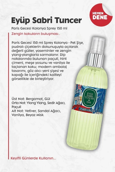 Eyüp Sabri Tuncer Paris Gecesi Kolonya 3 Adet  Sprey 150 ml ve ROSIE Pamuk 60'lı - Resim 2