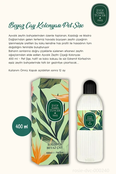 Eyüp Sabri Tuncer Beyaz Çay Kolonyası 3 Adet  400 ml ve %100 Pamuk ROSIE 60'lı - 2