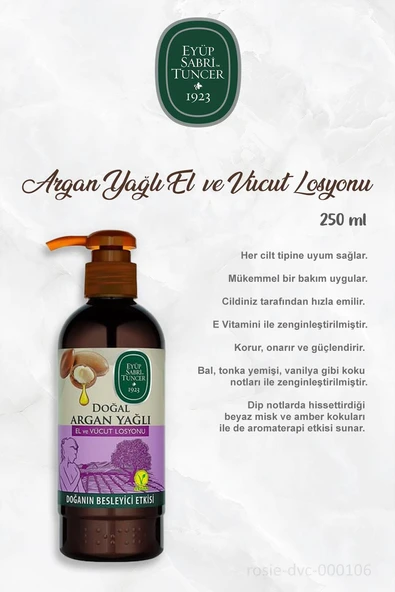 3 Adet Eyüp Sabri Tuncer Vücut Losyonu Argan 250 ml ve 60'lı %100 Pamuk ROSIE - 2