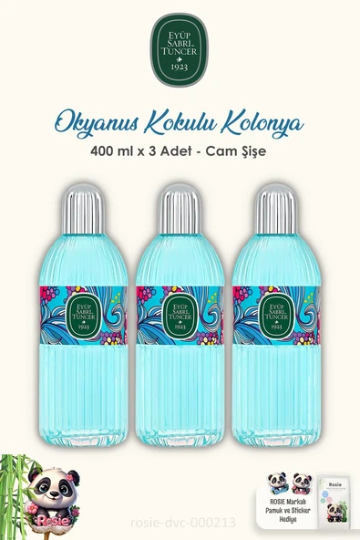 3 Adet Eyüp Sabri Tuncer Okyanus Kolonyası Cam Şişe 400 ml ve 60'lı ROSIE Pamuk