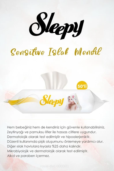 11 AL 10 ÖDE Sleepy Sensitive Islak Bebek Mendil 50'li ve ROSIE Pamuk - Resim 2