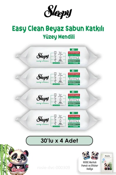 4'lü Sleepy Easy Clean Beyaz Sabunlu Yüzey Temizlik Havlusu 30'lu ve ROSIE