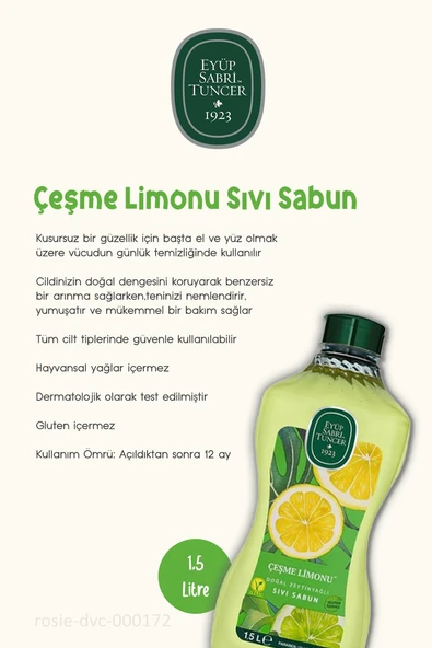 Eyüp Sabri Tuncer Doğal Zeytinyağlı Sıvı Sabun Çeşme Limonu Sıvı Sabun 1500 ml - Resim 2