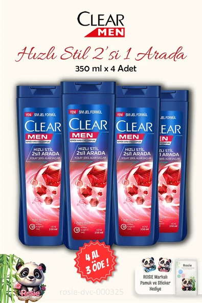 4 AL 3 ÖDE Clear Men Kepeğe Karşı Etkili Hızlı Stil 2'si 1 Arada Şampuan 350 ml ve ROSIE