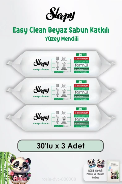 3'lü Sleepy Easy Clean Beyaz Sabunlu Yüzey Temizlik Havlusu 30'lu  ve ROSIE