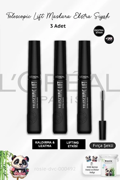 3 Adet Loreal Paris Telescopic Lift Maskara Ekstra Siyah ve  ROSIE Pamuk