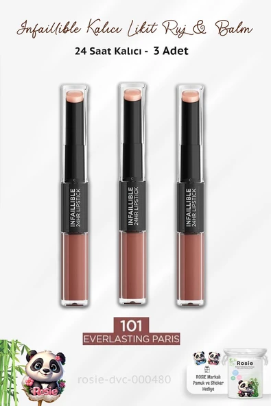 3 Adet Loreal Paris Infaillible 24H Kalıcı Likit Ruj & Balm 101 ve ROSIE