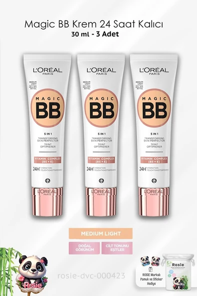 3 Adet Loreal Paris Magic BB Krem 24H Medium Light 30 ml ve ROSIE