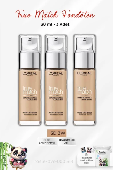 3 Adet Loreal Paris True Match Fondöten  Warm Undertone 3.D/3.W ve ROSIE Pamuk