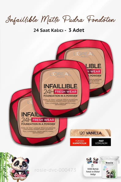 3 Adet Loreal Paris Infaillible 24H Fresh Wear Pudra Fondöten 120 Vanilla ve ROSIE