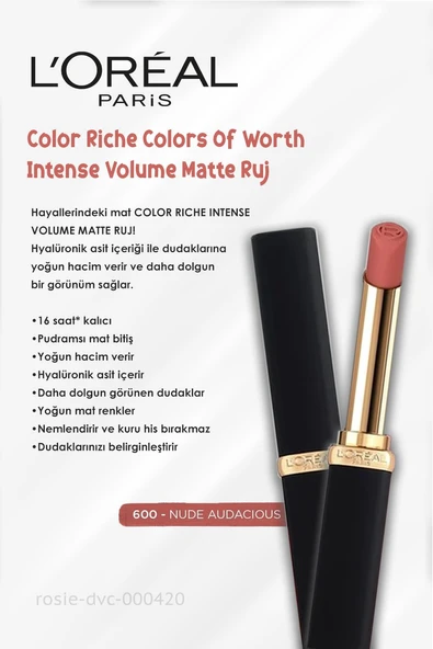 3 Adet Loreal Paris Color Volume Matte Ruj - 600 Nude Audacious ve ROSIE - Resim 2