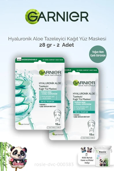 2 Adet Garnier Kağıt Yüz Maskesi Tazeleyici Hyaluronik Aloe 28 gr ve ROSIE