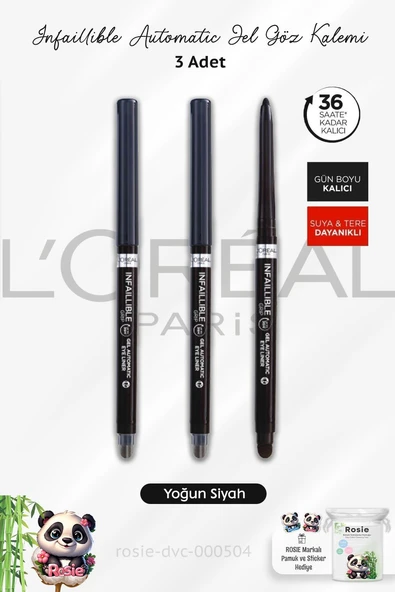 3 Adet Loreal Paris Infaillible Grip Automatic Jel Göz Kalemi Yoğun Siyah ve ROSIE Pamuk - 1