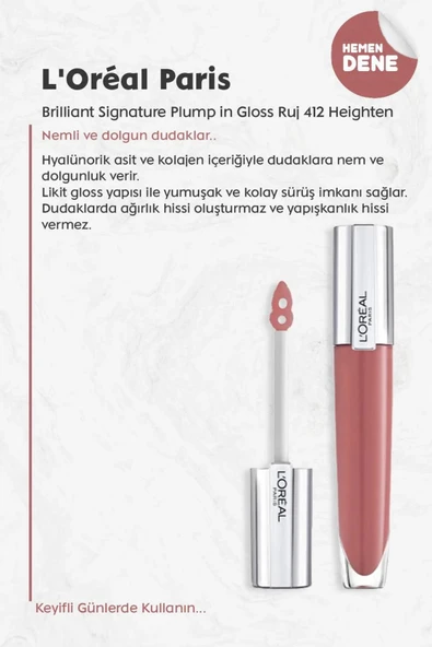 3 Adet Loreal Paris Brilliant Signature Plump in Gloss Ruj 412 Heighten ve ROSIE - Resim 2