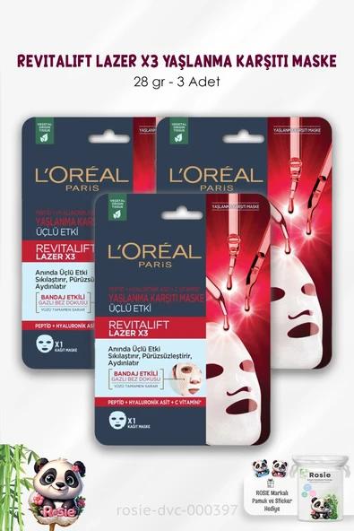 3 Adet Loreal Paris Revitalift Lazer X3 Yaşlanma Karşıtı Maske 28 gr ve ROSIE