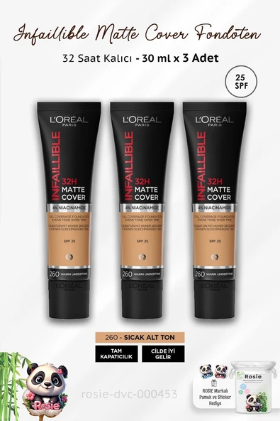3 Adet Loreal Paris Infaillible Matte Fondöten SPF25 Warm Undertone 260 ve ROSIE ürün görseli