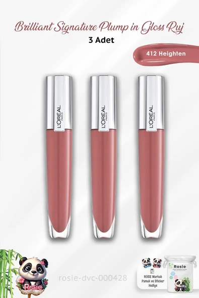 3 Adet Loreal Paris Brilliant Signature Plump in Gloss Ruj 412 Heighten ve ROSIE ürün görseli