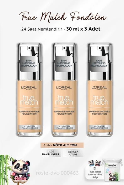 3  Adet Loreal Paris True Match Fondöten 1.5N Nötr Alt Ton ve ROSIE Pamuk