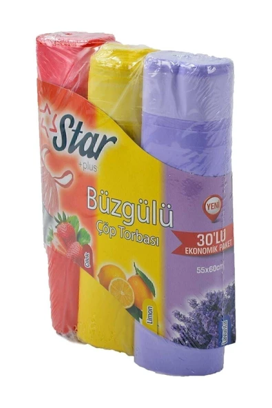 Star Plus Büzgülü Çöp Torbası 55x60 Cm Lavanta-çilek-limon Kokulu Çöp Poşeti (3 Adet)