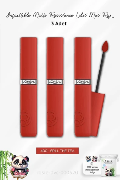 3 Adet Loreal Paris Matte Resistance Liquid Lipstick - 400 Spill The Tea ve ROSIE