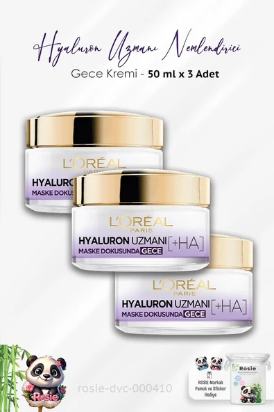 3 Adet Loreal Paris Hyaluron Uzmanı Nemlendirici Krem Gece 50 ml ve ROSIE