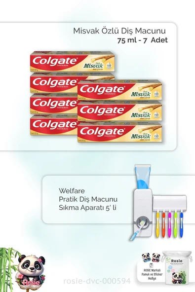 7 Adet Colgate Misvak Özlü Diş Macunu 75 ml, Diş Macunu Aparatı ve ROSIE